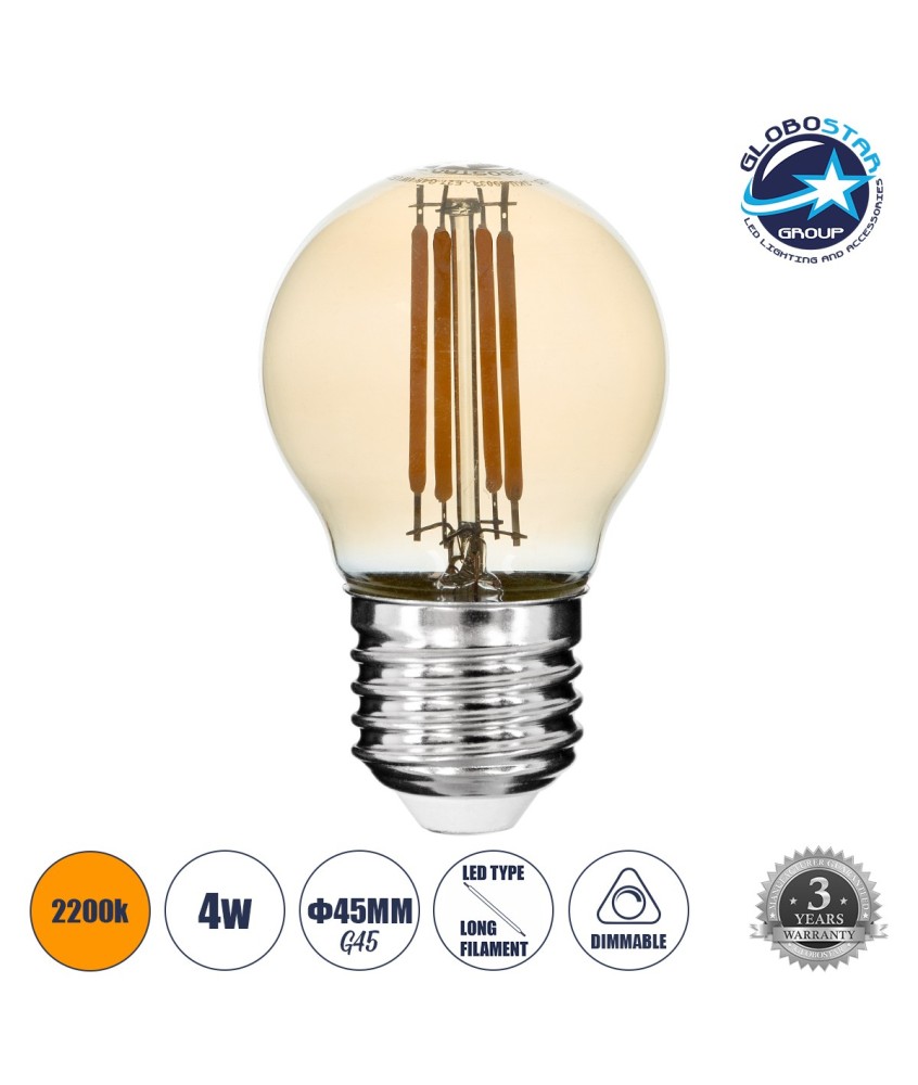 GLOBOSTAR® SPHERE 99034 Λάμπα E27 G45 LED 4W 350lm 360° AC 220-240V IP20 Ultra Θερμό Λευκό 2200K Dimmable - Long Filament Chip - Μελί - Μ4.5 x Π4.5 x Υ7.5cm - 3 Χρόνια Εγγύηση
